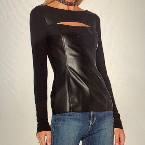 BAILEY/44 FAUX LEATHER LONG SLEEVE “PARKER” TOP W/ CUTOUT FRONT - Picture 1 of 7